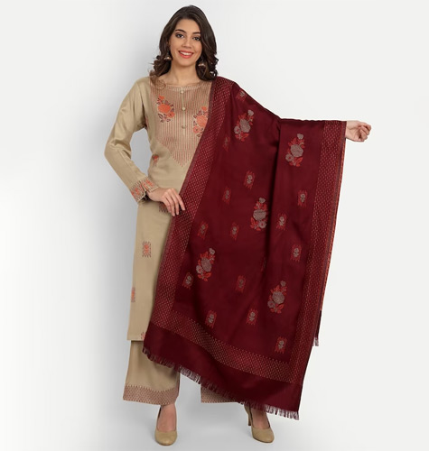 Beige & Maroon Unstitched Dress Material